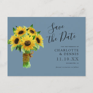 watercolor sunflowers on blue save the date postcard