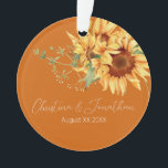 Watercolor Sunflowers on Burnt Orange Ornament<br><div class="desc">This romantic wedding keepsake ornament features a floral design. The background is an elegant burnt orange colour with golden watercolor sunflowers. A delicate wild bouquet is pictured at the top,  with the names of the couple printed below.</div>