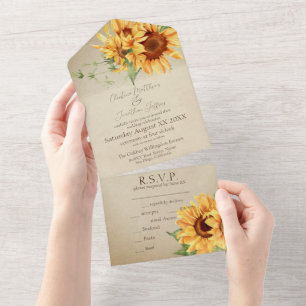 Watercolor Sunflowers on Faded Parchment All In One Invitation