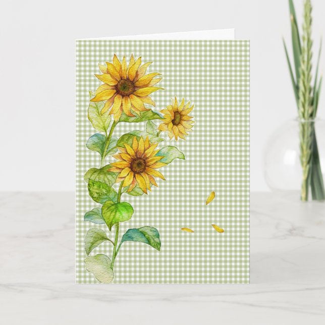 Watercolor Sunflowers On Gingham Card (Front)