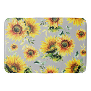Watercolor Sunflowers on Grey Bath Mat