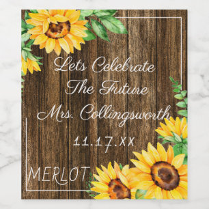 Watercolor Sunflowers On Wood Look Sparkling Wine  Wine Label