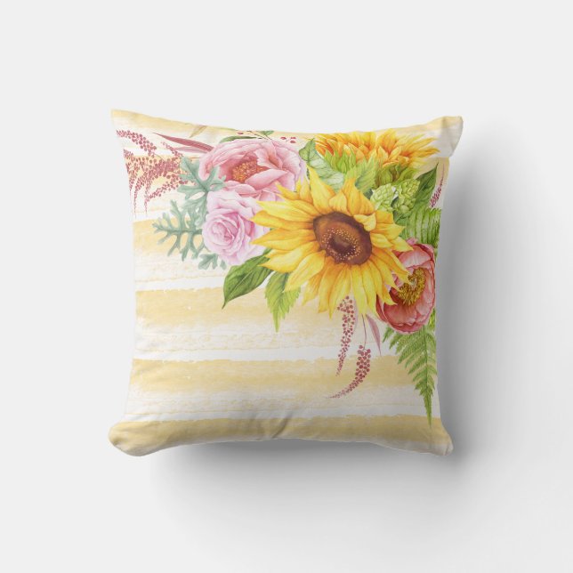 Watercolor Sunflowers Peonies Roses Stripes Cushion (Front)