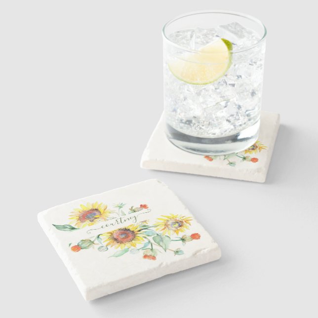 Watercolor sunflowers personalised    stone coaster (Side)