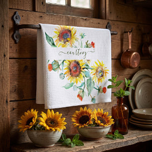 Watercolor sunflowers personalised tea towel