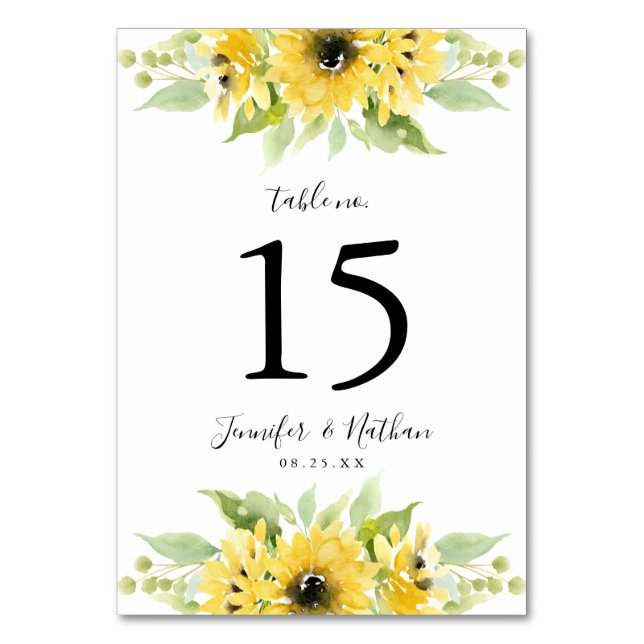 Watercolor Sunflowers | Personalised Wedding Table Number (Front)