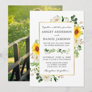 Watercolor Sunflowers Photo White Floral Wedding Invitation