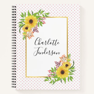 Watercolor sunflowers, pink and white polka dots notebook