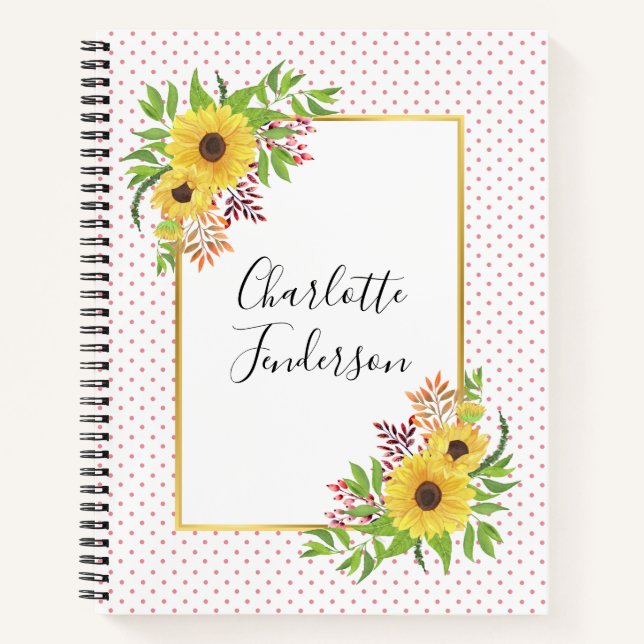 Watercolor sunflowers, pink and white polka dots notebook (Front)