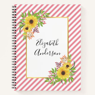 Watercolor sunflowers, pink and white stripes notebook