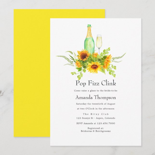 Watercolor Sunflowers Pop Fizz Clink Bridal Shower Invitation (Front/Back)