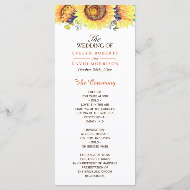Watercolor Sunflowers Rustic Chic Wedding Program Programme (Front)