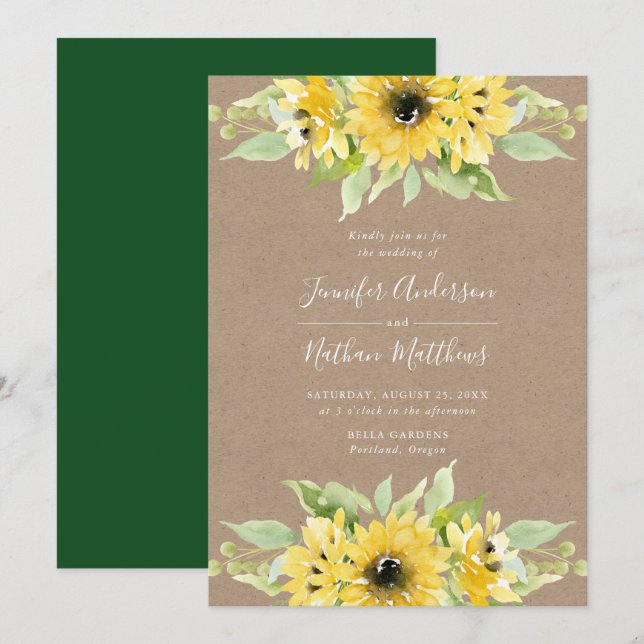 Watercolor Sunflowers | Rustic Kraft Paper Wedding Invitation (Front/Back)