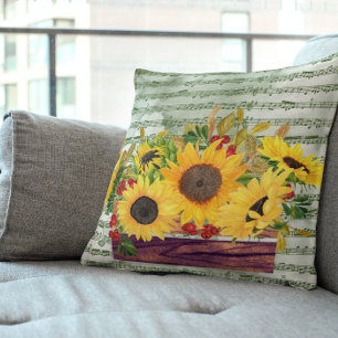 Watercolor Sunflowers & Sheet Music Cushion