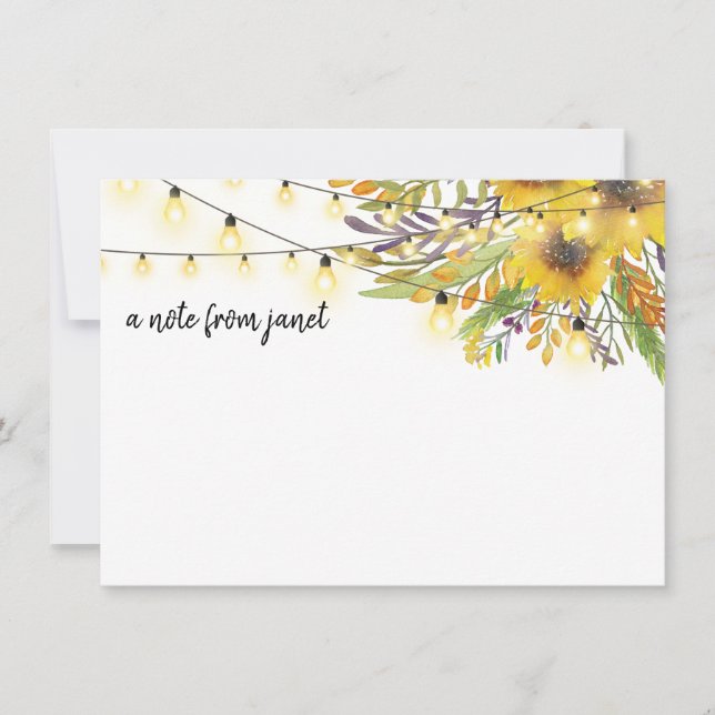 Watercolor Sunflowers & String Lights Note Card (Front)