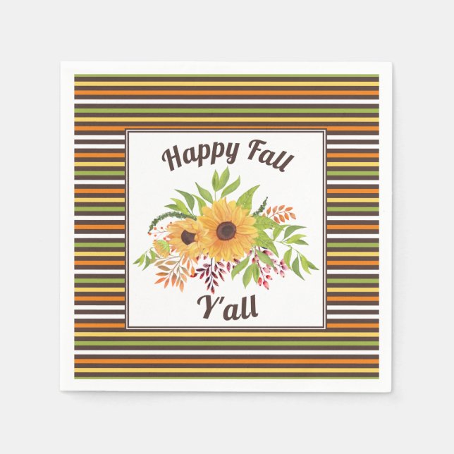 Watercolor sunflowers, stripes Happy fall Y'all Napkin (Front)