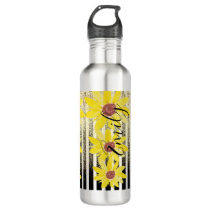 Watercolor Sunflowers Stripes Monogrammed Name 710 Ml Water Bottle