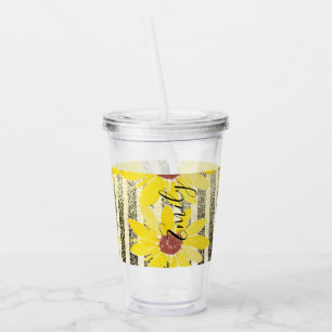Watercolor Sunflowers Stripes Monogrammed Name  Ac Acrylic Tumbler