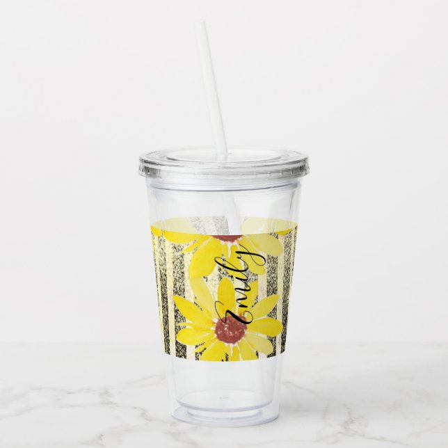 Watercolor Sunflowers Stripes Monogrammed Name  Ac Acrylic Tumbler (Left)