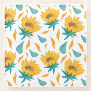 Watercolor Sunflowers: Summer Botanical Print Glass Coaster