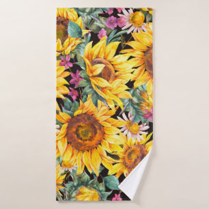 Watercolor sunflowers summer vintage seamless patt bath towel