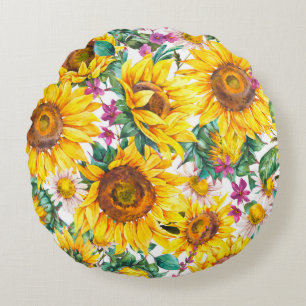 Watercolor sunflowers summer vintage seamless patt round cushion