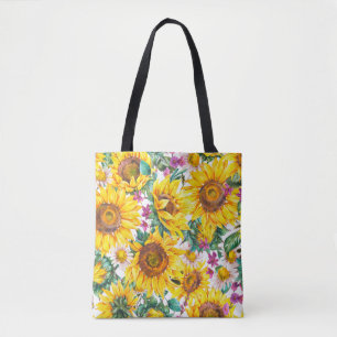 Watercolor sunflowers summer vintage seamless patt tote bag