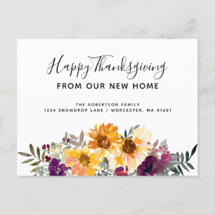Watercolor Sunflowers Thanksgiving Holiday Moving Announcement Postcard