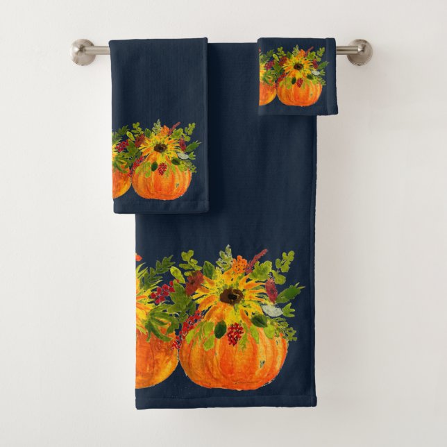 Watercolor Sunflowers Thanksgiving Pumpkins Fall  Bath Towel Set (Insitu)