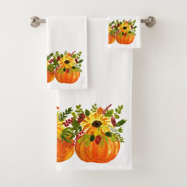 Watercolor Sunflowers Thanksgiving Pumpkins Fall  Bath Towel Set (Insitu)