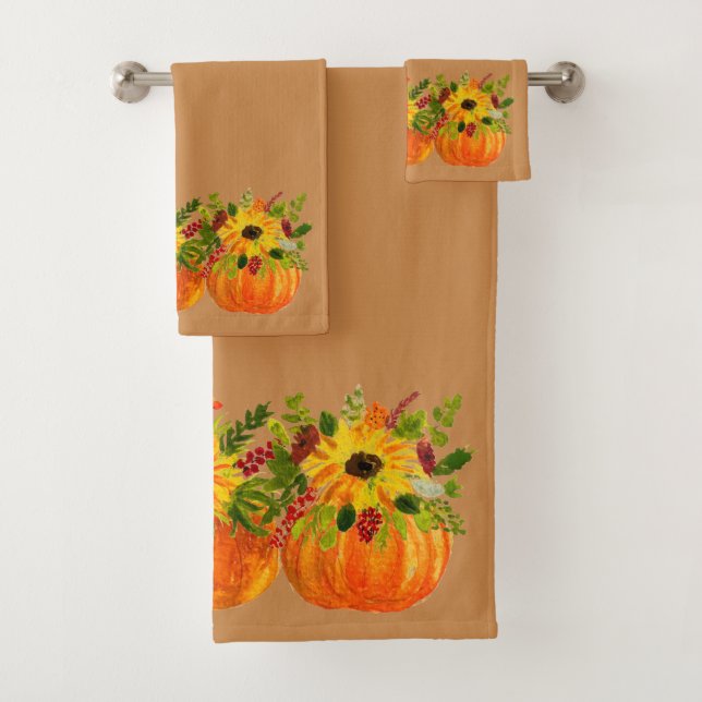 Watercolor Sunflowers Thanksgiving Pumpkins Fall  Bath Towel Set (Insitu)