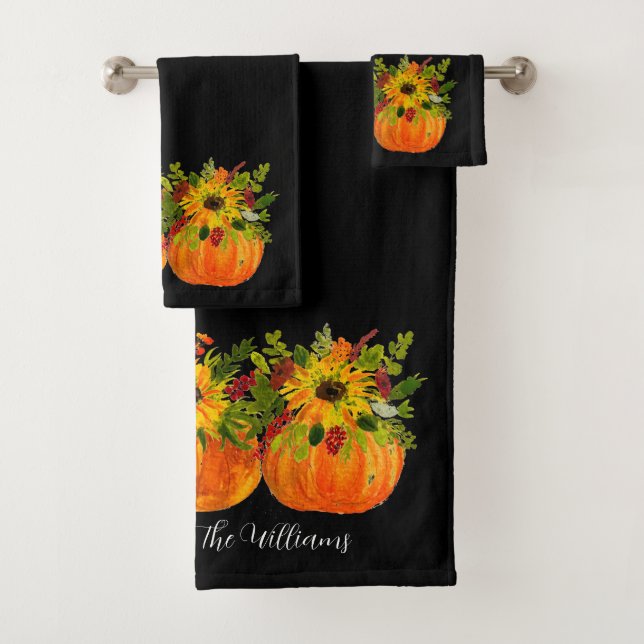 Watercolor Sunflowers Thanksgiving Pumpkins Fall  Bath Towel Set (Insitu)