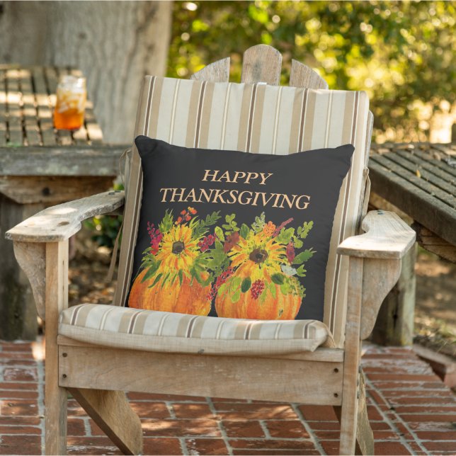 Watercolor Sunflowers Thanksgiving Pumpkins Fall  Cushion (Chair)