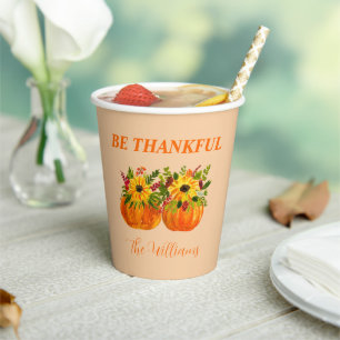 Watercolor Sunflowers Thanksgiving Pumpkins Fall Paper Cups