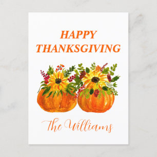 Watercolor Sunflowers Thanksgiving Pumpkins Fall Postcard