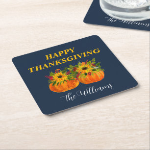 Watercolor Sunflowers Thanksgiving Pumpkins Fall Square Paper Coaster