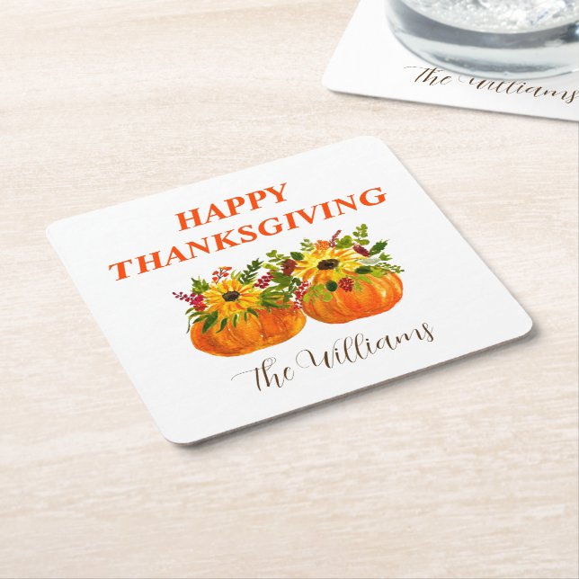 Watercolor Sunflowers Thanksgiving Pumpkins Fall  Square Paper Coaster (Angled)