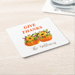 Watercolor Sunflowers Thanksgiving Pumpkins Fall Square Paper Coaster