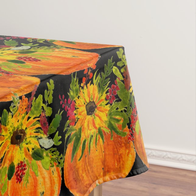 Watercolor Sunflowers Thanksgiving Pumpkins Fall  Tablecloth (In Situ)