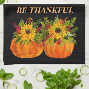 Watercolor Sunflowers Thanksgiving Pumpkins Fall Tea Towel