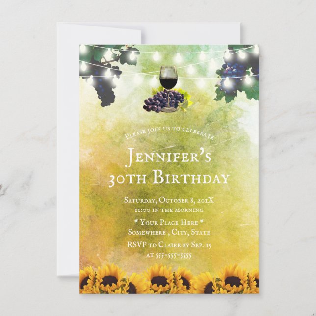 Watercolor Sunflowers Vineyard Wine 30th Birthday Invitation (Front)