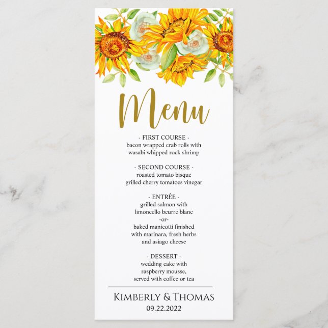 Watercolor Sunflowers Wedding Dinner Menu (Front)