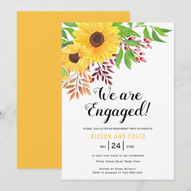 Watercolor sunflowers wedding engagement party invitation (Front/Back)