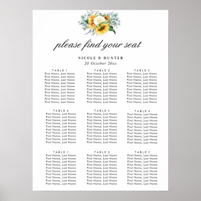 watercolor sunflowers wedding seating chart (Front)