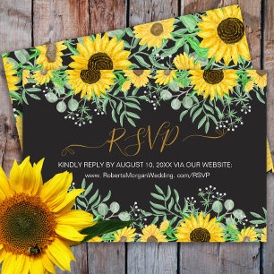 Watercolor Sunflowers Wedding Website Black RSVP Card