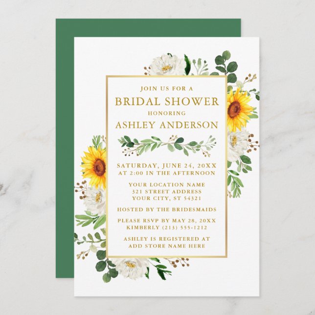 Watercolor Sunflowers White Floral Bridal Shower Invitation (Front/Back)