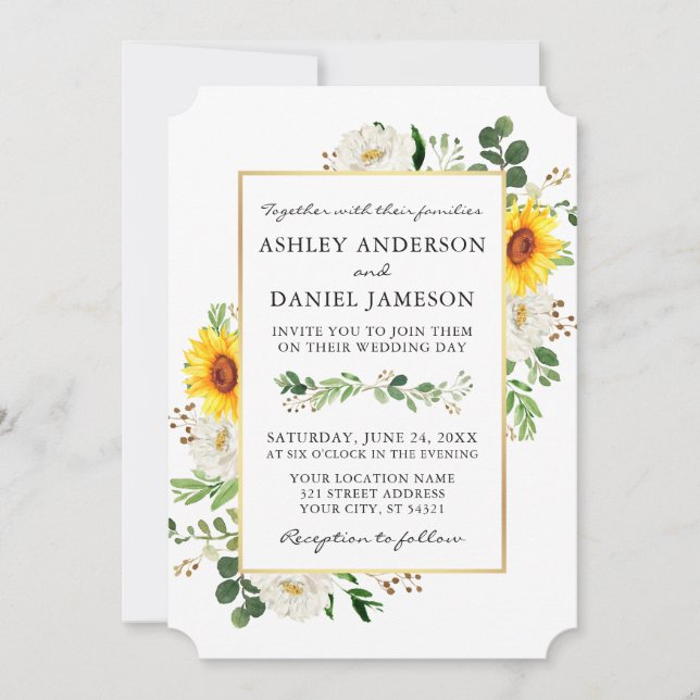 Watercolor Sunflowers White Floral Gold Wedding Invitation (Front)
