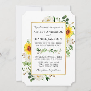 Watercolor Sunflowers White Floral Gold Wedding Invitation