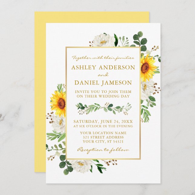 Watercolor Sunflowers White Floral Gold Wedding Invitation (Front/Back)