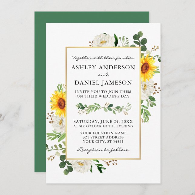 Watercolor Sunflowers White Floral Gold Wedding Invitation (Front/Back)